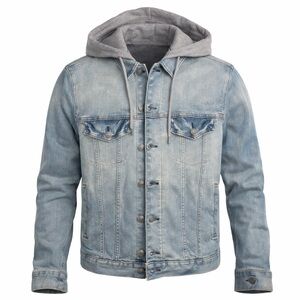 Express Mens Denim Jacket Hoodie Y2K Streetwear Hyper Stretch Light Wash Large